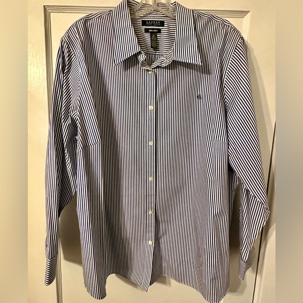 Lauren Ralph Lauren Plus Size Easy Care Striped Print Shirttail Hem Shirt